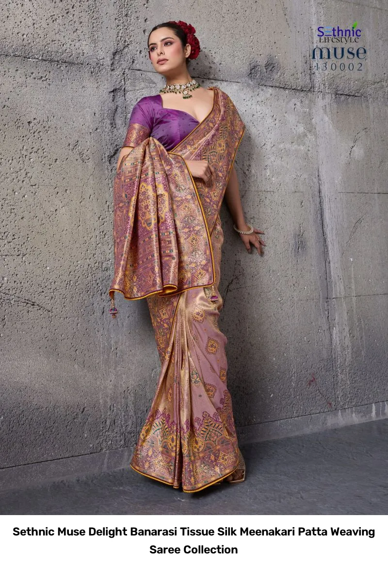 Sethnic Muse Delight Banarasi Tissue Silk Meenakari Patta Weaving Saree Collection - Image 3