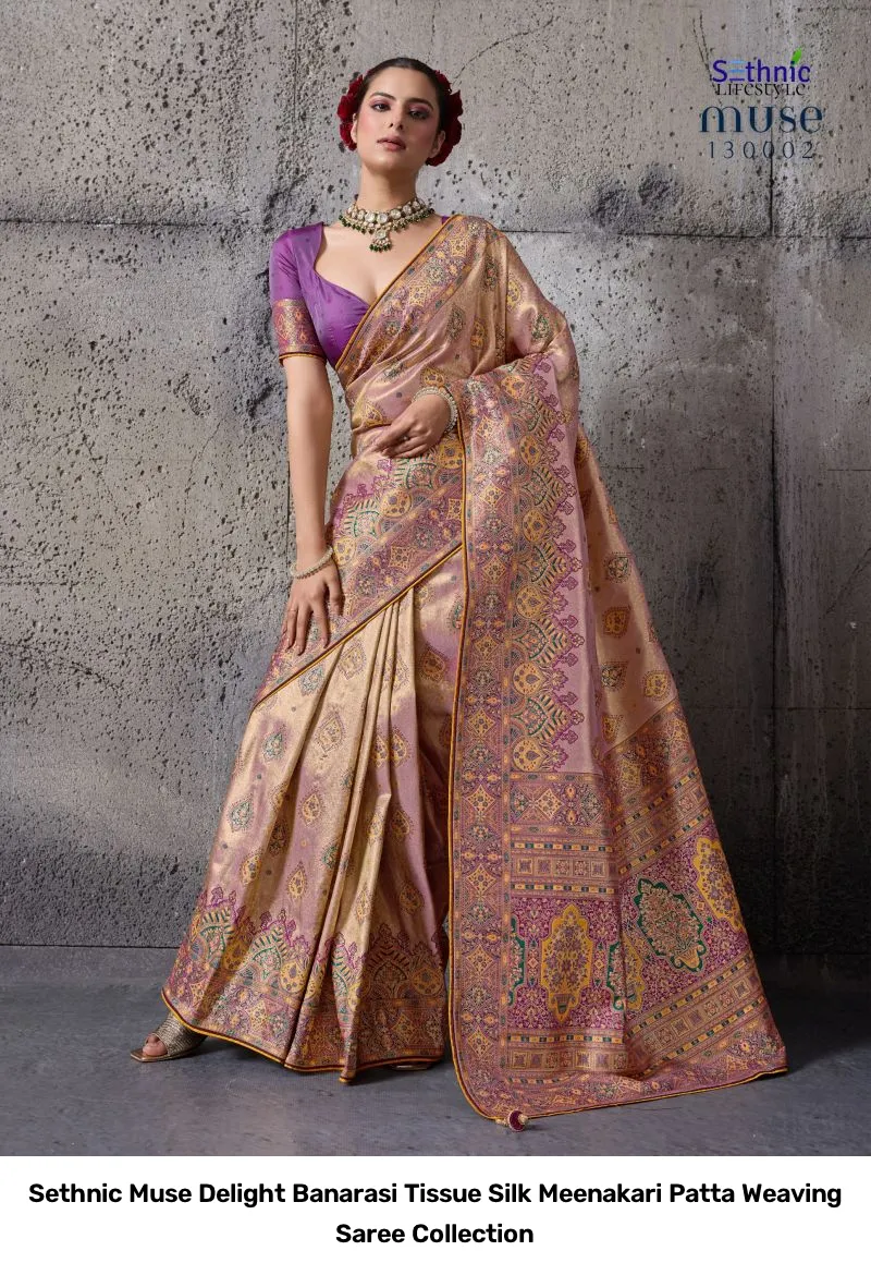Sethnic Muse Delight Banarasi Tissue Silk Meenakari Patta Weaving Saree Collection - Image 4