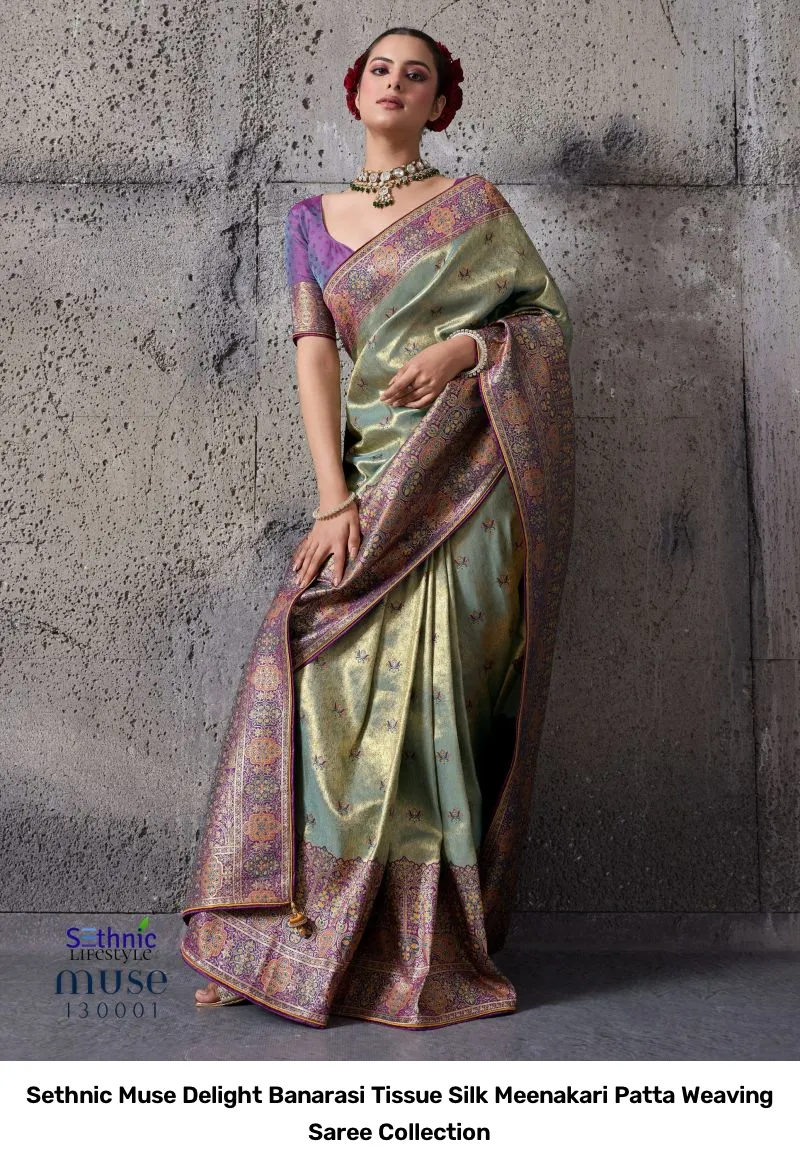 Sethnic Muse Delight Banarasi Tissue Silk Meenakari Patta Weaving Saree Collection - Image 5