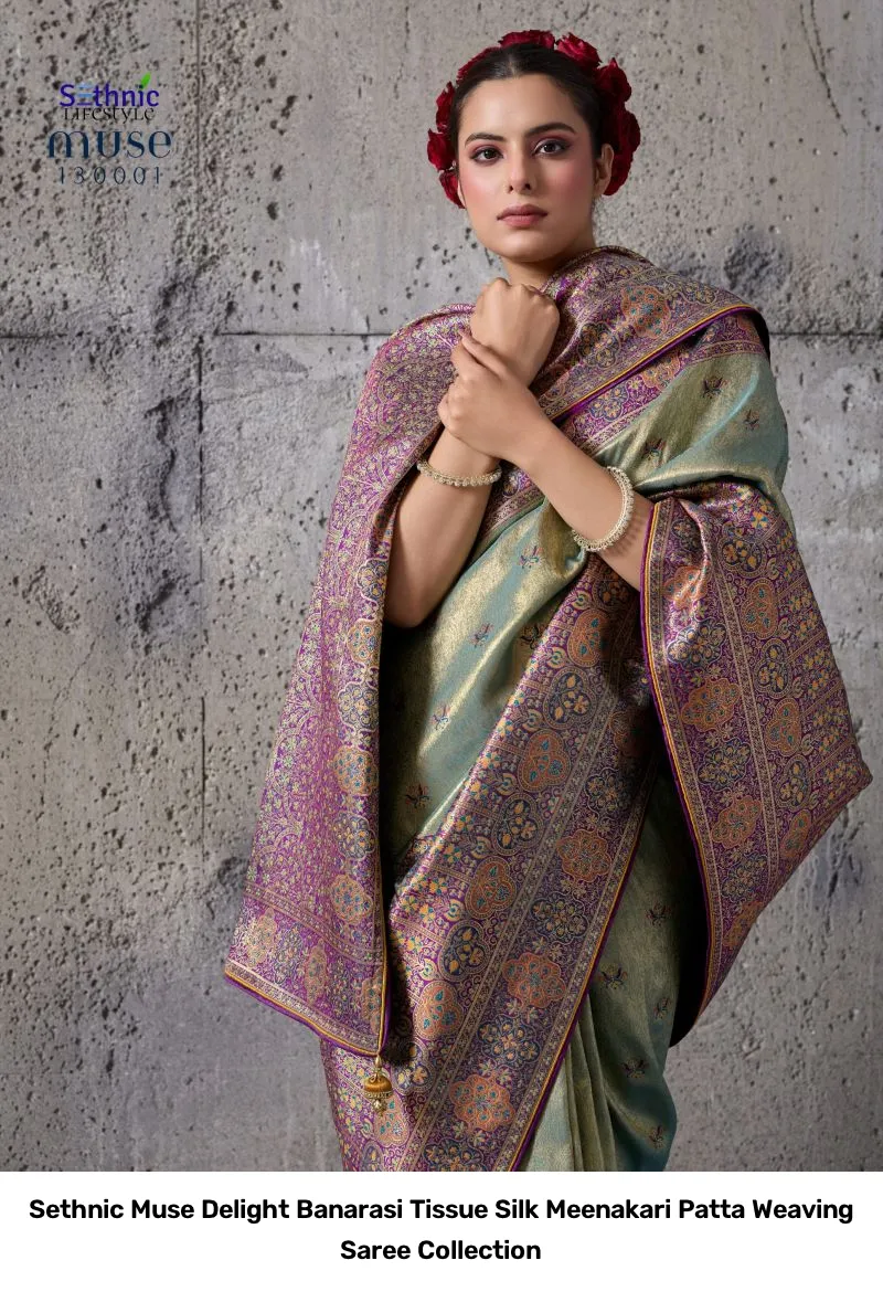 Sethnic Muse Delight Banarasi Tissue Silk Meenakari Patta Weaving Saree Collection - Image 7