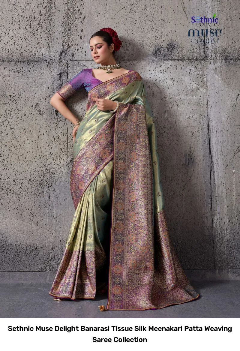 Sethnic Muse Delight Banarasi Tissue Silk Meenakari Patta Weaving Saree Collection - Image 8