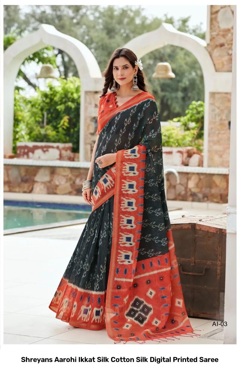 Shreyans Aarohi Ikkat Silk Cotton Silk Digital Printed Saree - Image 10