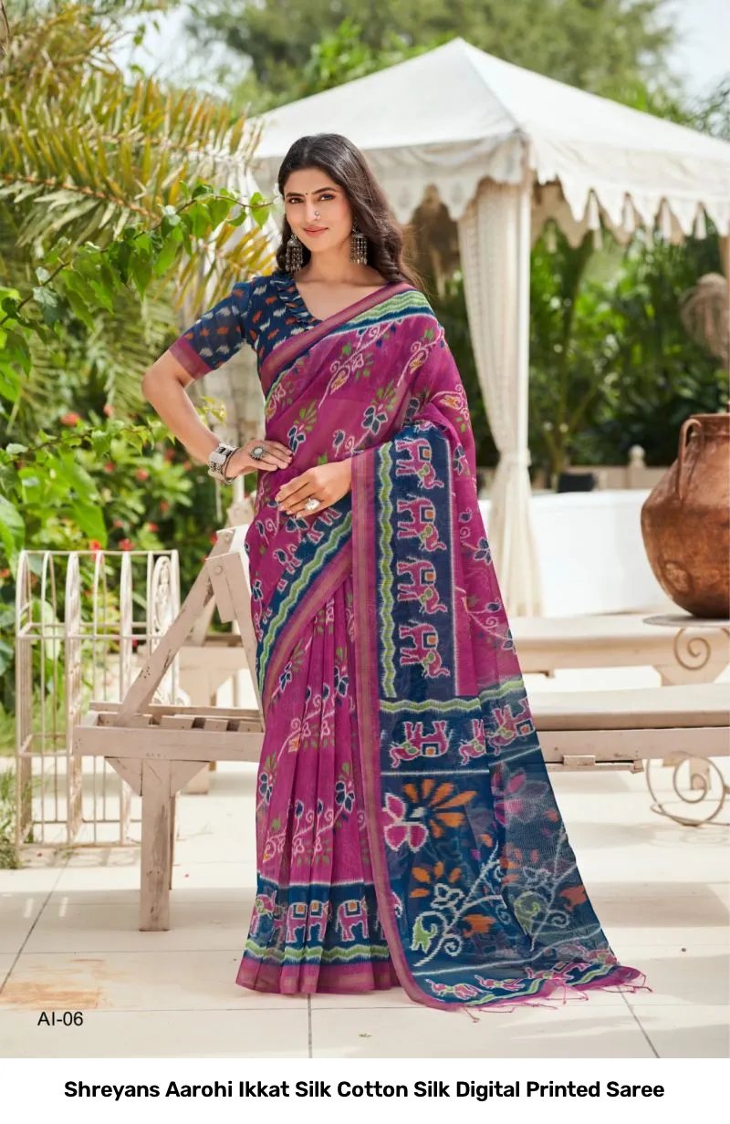 Shreyans Aarohi Ikkat Silk Cotton Silk Digital Printed Saree - Image 3