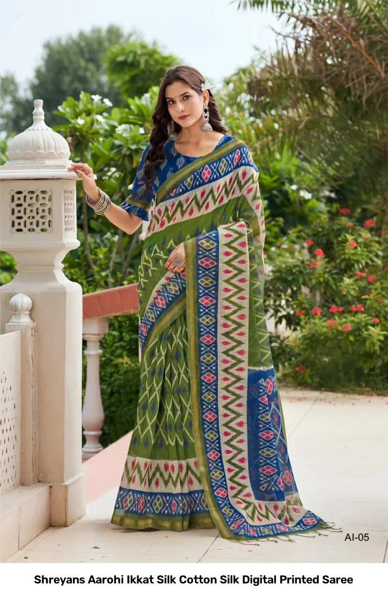 Shreyans Aarohi Ikkat Silk Cotton Silk Digital Printed Saree - Image 4