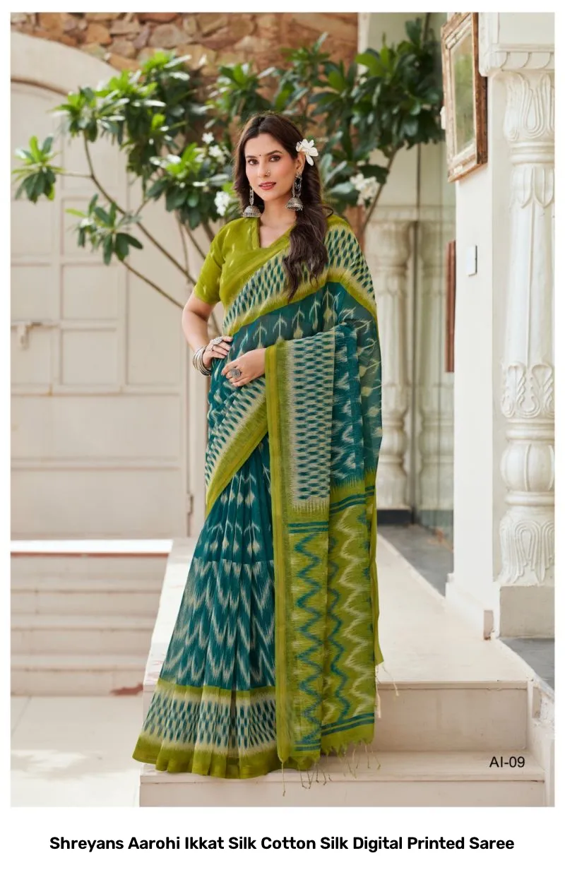 Shreyans Aarohi Ikkat Silk Cotton Silk Digital Printed Saree - Image 5