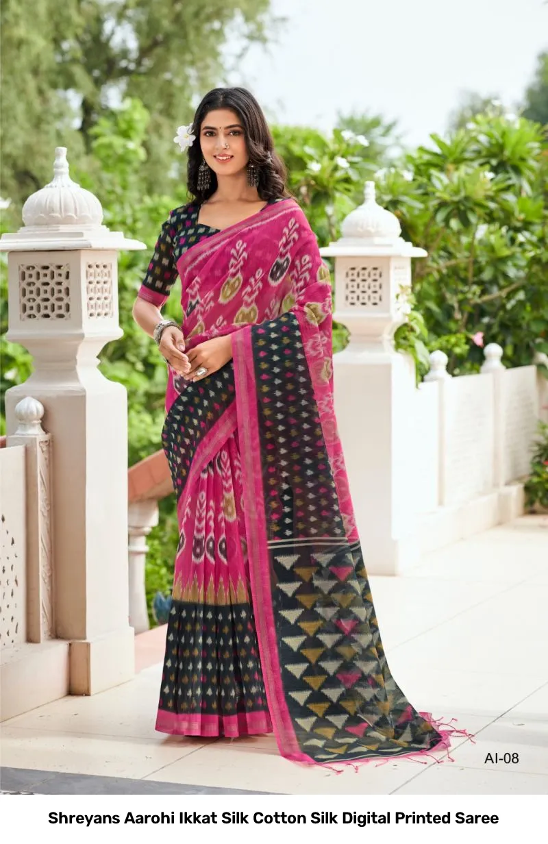 Shreyans Aarohi Ikkat Silk Cotton Silk Digital Printed Saree - Image 6