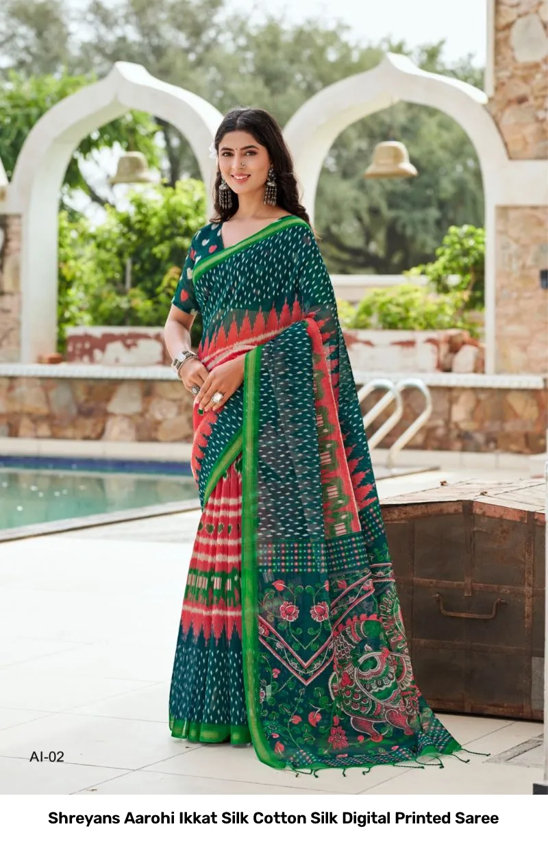 Shreyans Aarohi Ikkat Silk Cotton Silk Digital Printed Saree - Image 7