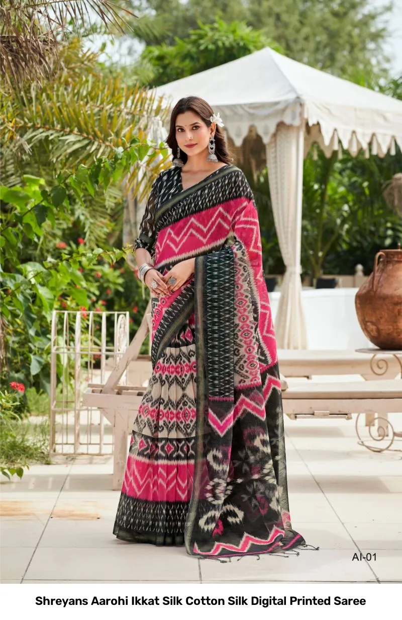 Shreyans Aarohi Ikkat Silk Cotton Silk Digital Printed Saree - Image 8