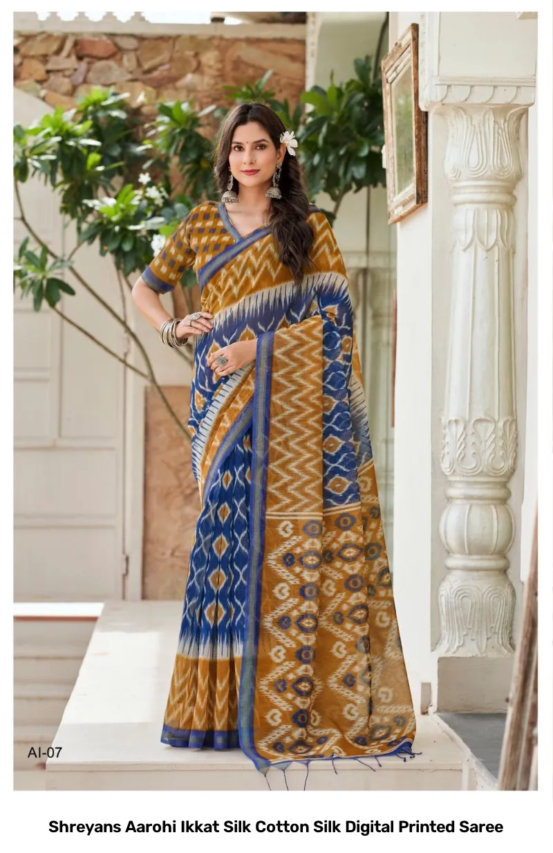 Shreyans Aarohi Ikkat Silk Cotton Silk Digital Printed Saree - Image 9
