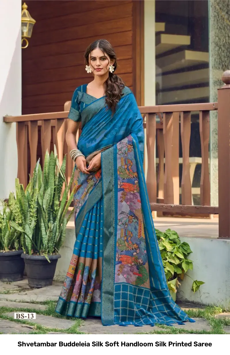 Shvetambar Buddeleia Silk Soft Handloom Silk Printed Saree - Image 3