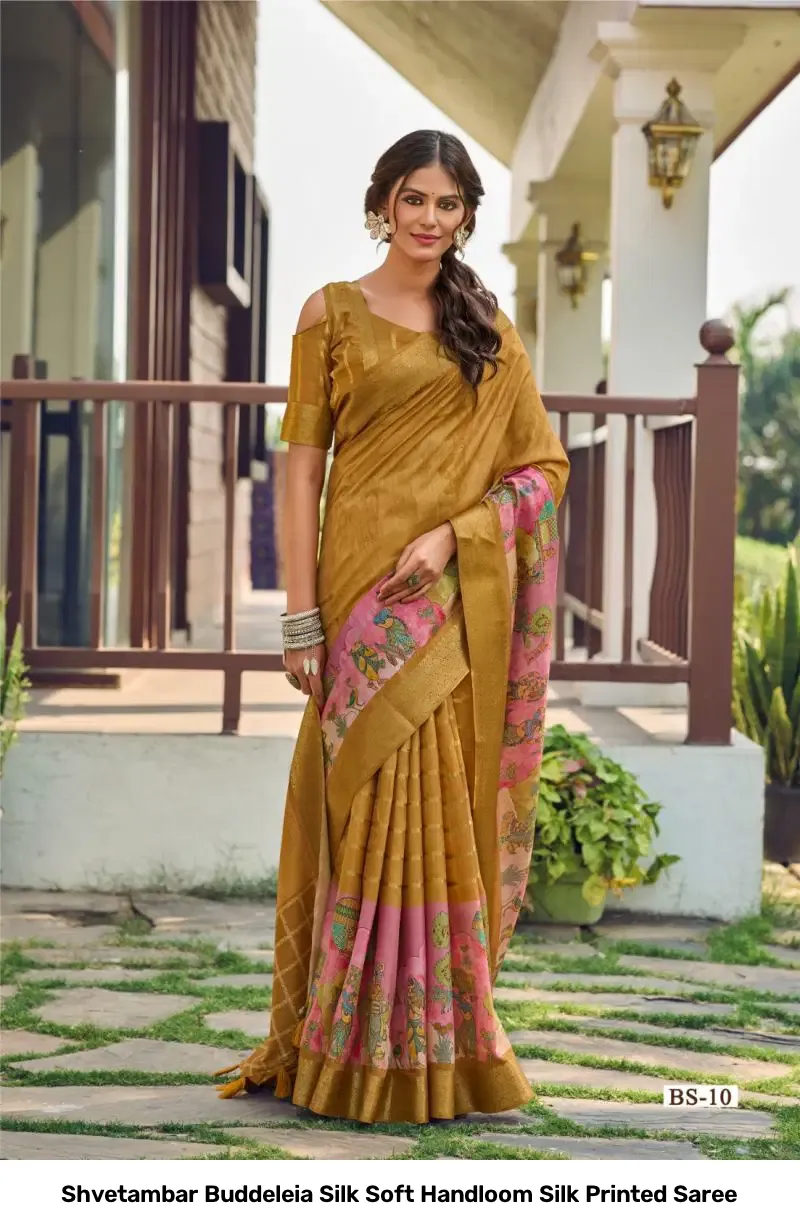 Shvetambar Buddeleia Silk Soft Handloom Silk Printed Saree - Image 5