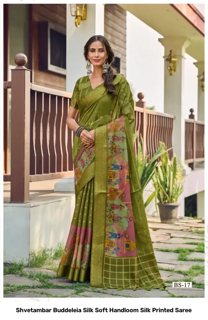 Shvetambar Buddeleia Silk Soft Handloom Silk Printed Saree - Image 6