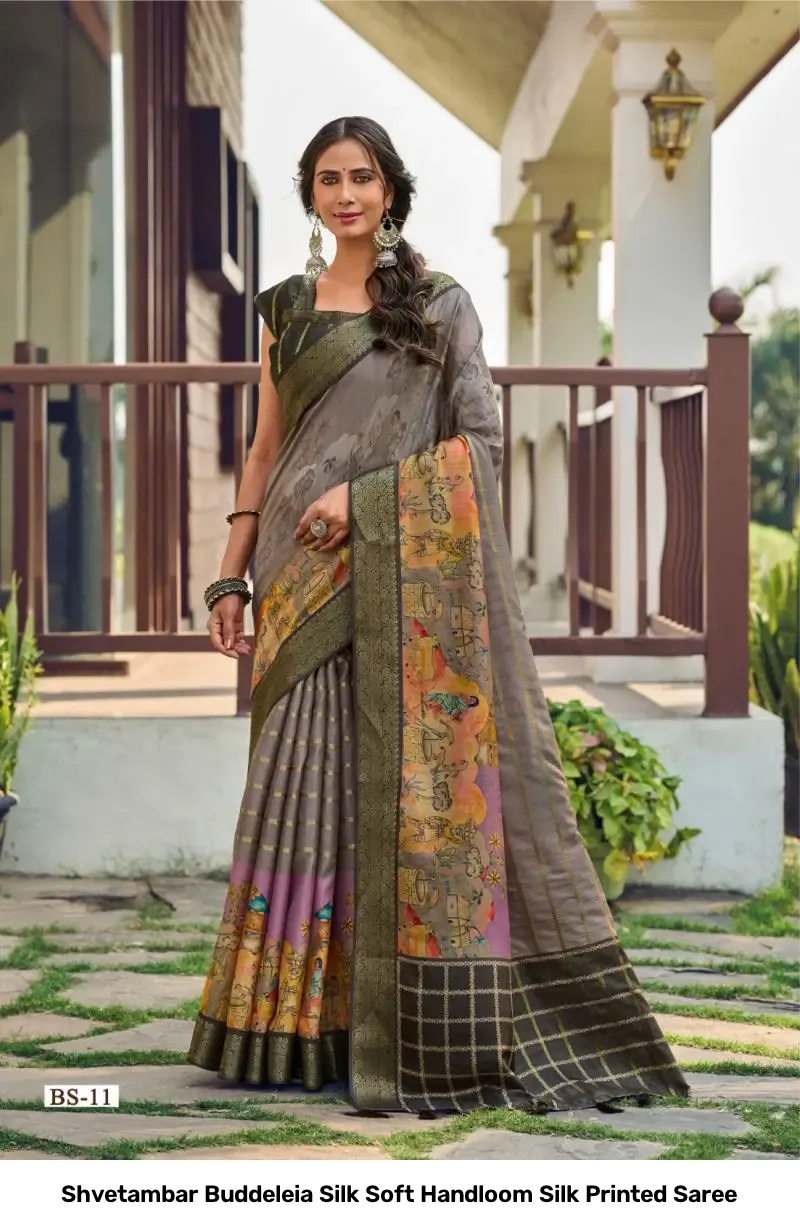 Shvetambar Buddeleia Silk Soft Handloom Silk Printed Saree - Image 7