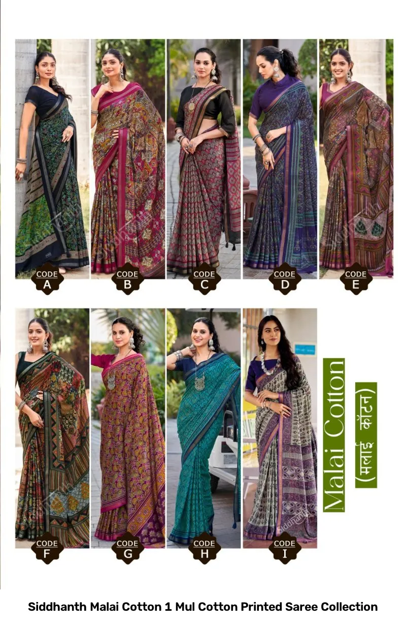 Siddhanth Malai Cotton 1 Mul Cotton Printed Saree Collection - Image 2
