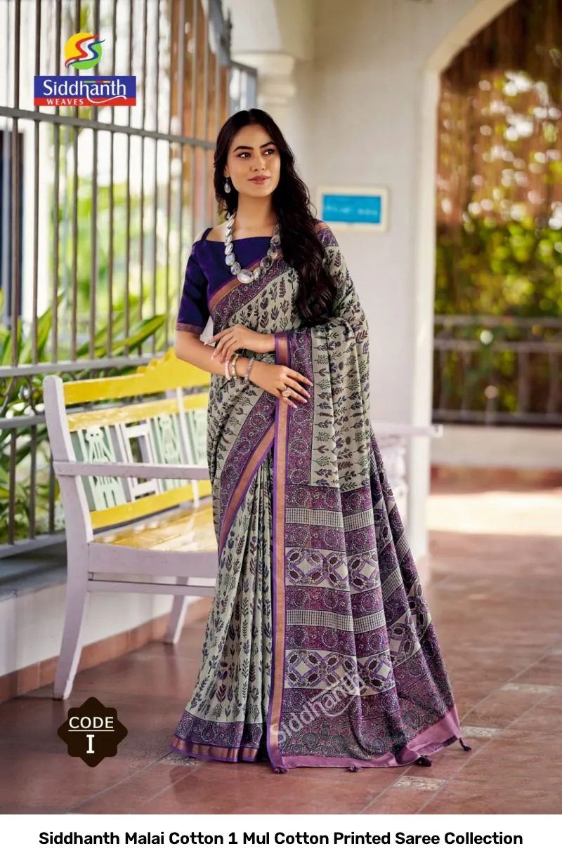 Siddhanth Malai Cotton 1 Mul Cotton Printed Saree Collection - Image 3