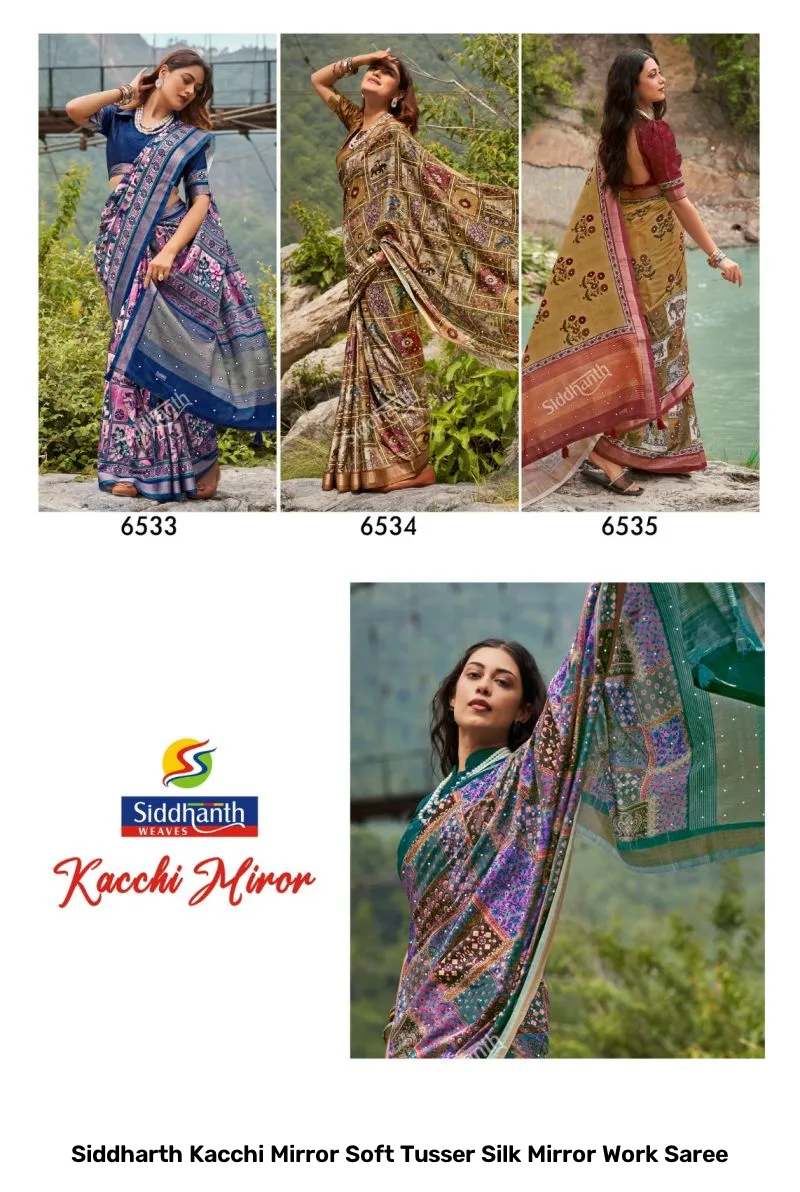 Siddharth Kacchi Mirror Soft Tusser Silk Mirror Work Saree - Image 2