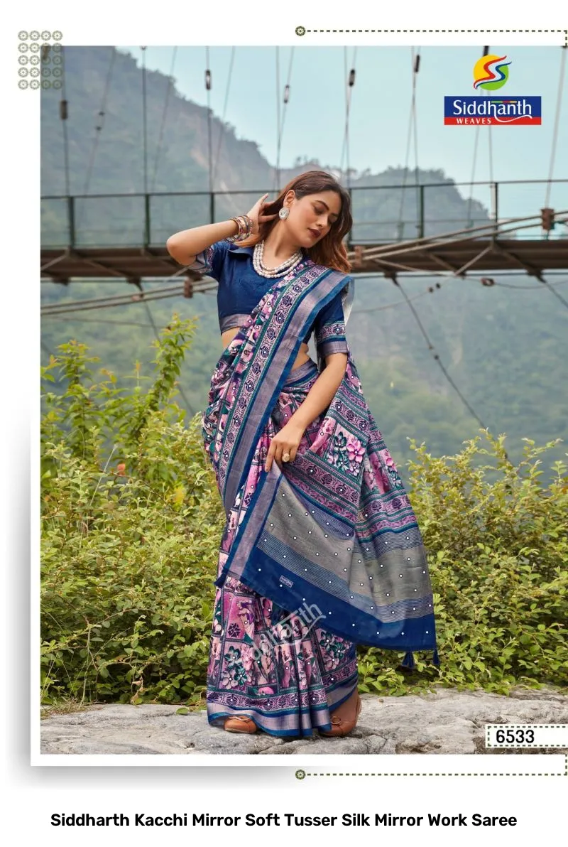 Siddharth Kacchi Mirror Soft Tusser Silk Mirror Work Saree - Image 3
