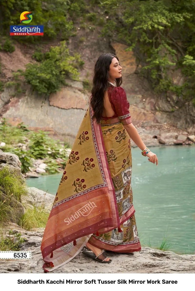 Siddharth Kacchi Mirror Soft Tusser Silk Mirror Work Saree - Image 4