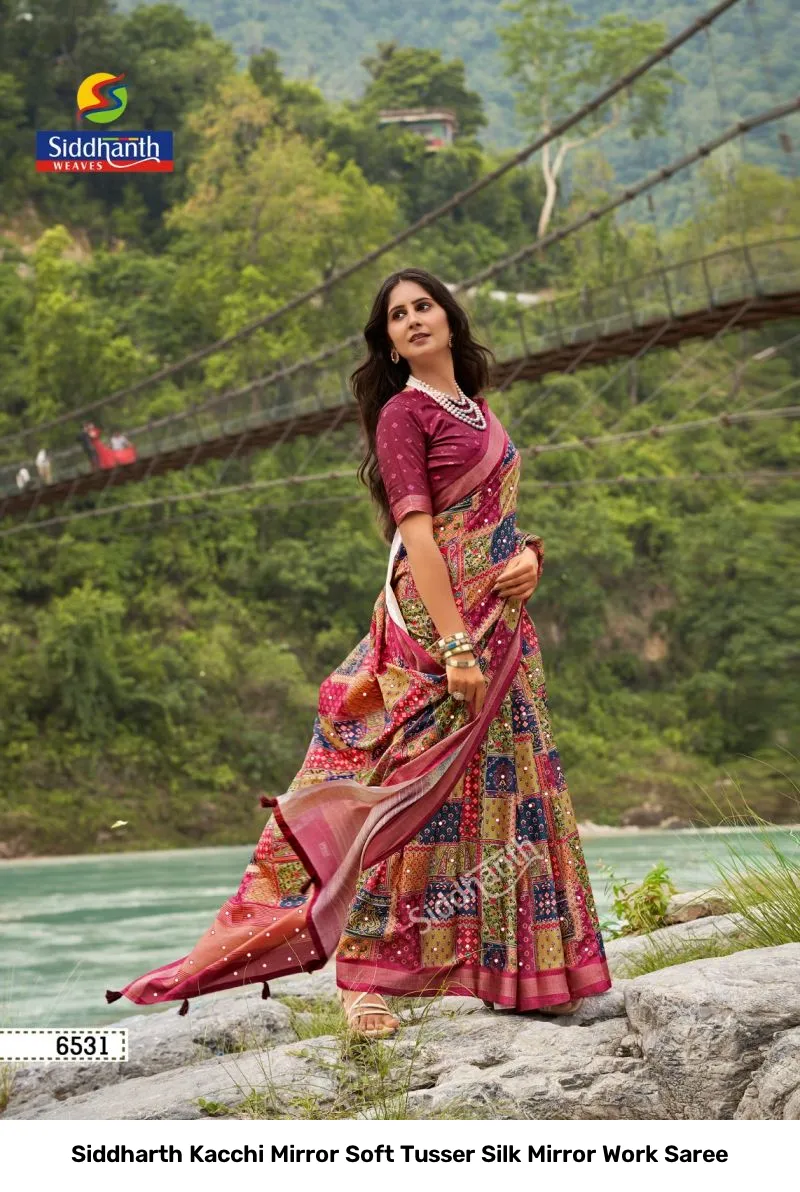 Siddharth Kacchi Mirror Soft Tusser Silk Mirror Work Saree - Image 5