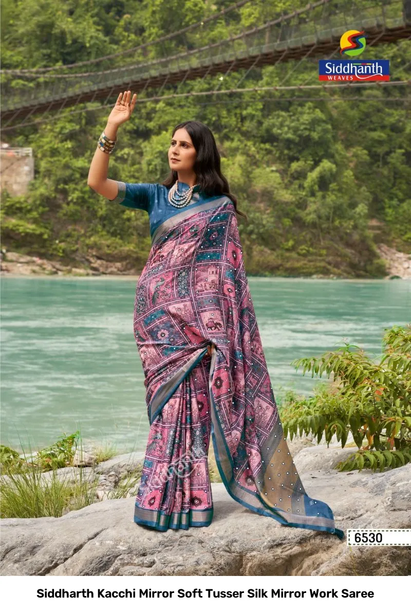 Siddharth Kacchi Mirror Soft Tusser Silk Mirror Work Saree - Image 6