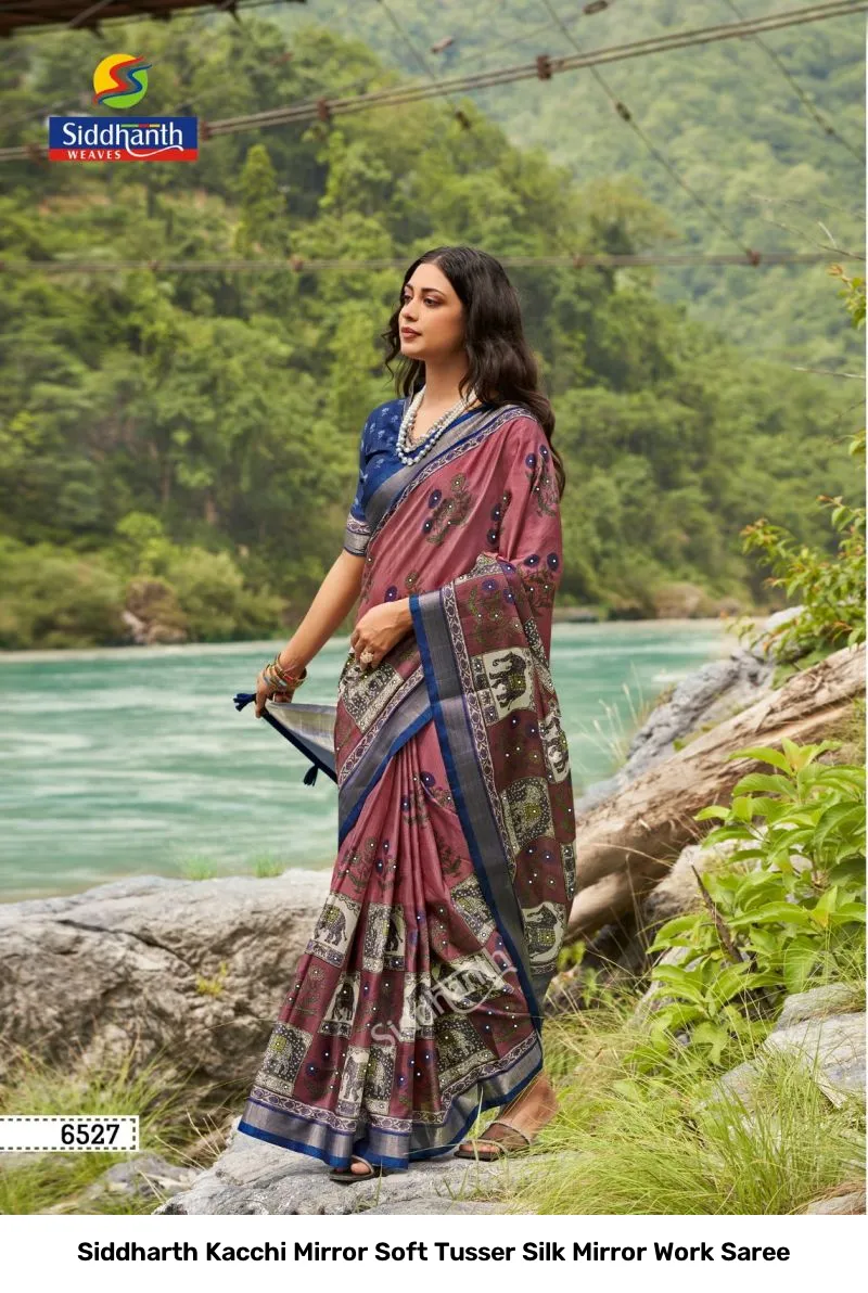 Siddharth Kacchi Mirror Soft Tusser Silk Mirror Work Saree - Image 7