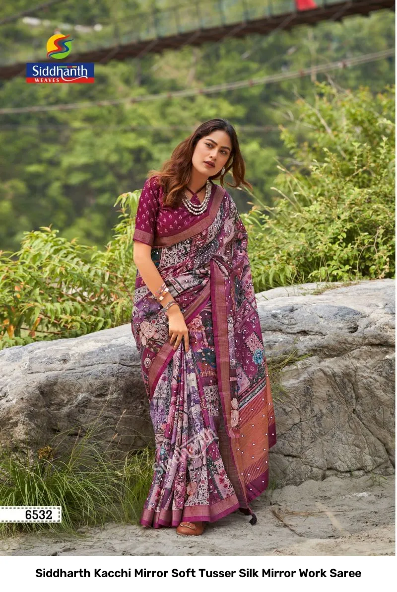 Siddharth Kacchi Mirror Soft Tusser Silk Mirror Work Saree - Image 8
