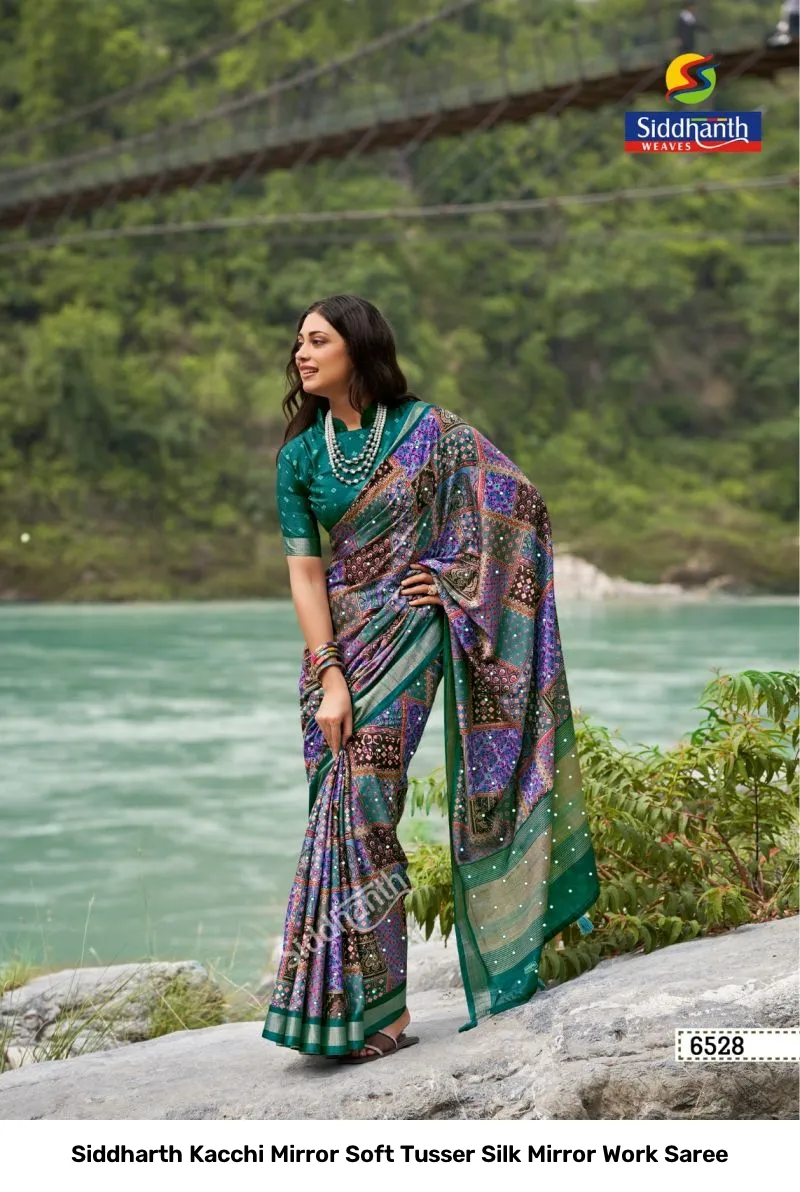Siddharth Kacchi Mirror Soft Tusser Silk Mirror Work Saree - Image 9