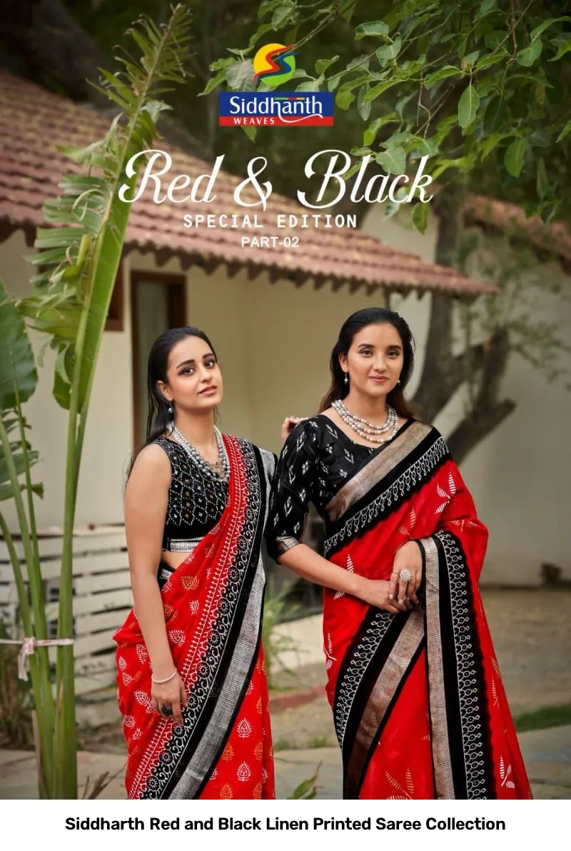 Siddharth Red and Black Linen Printed Saree Collection