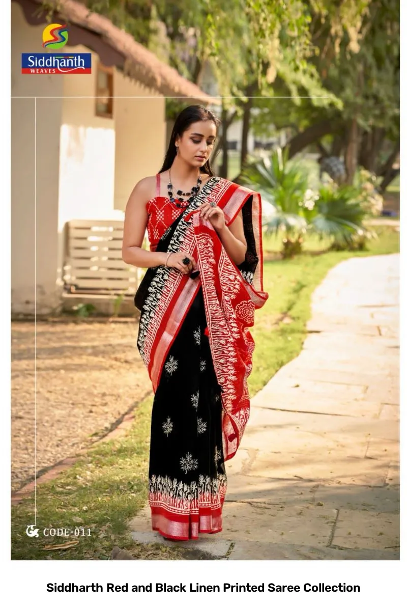 Siddharth Red and Black Linen Printed Saree Collection - Image 11