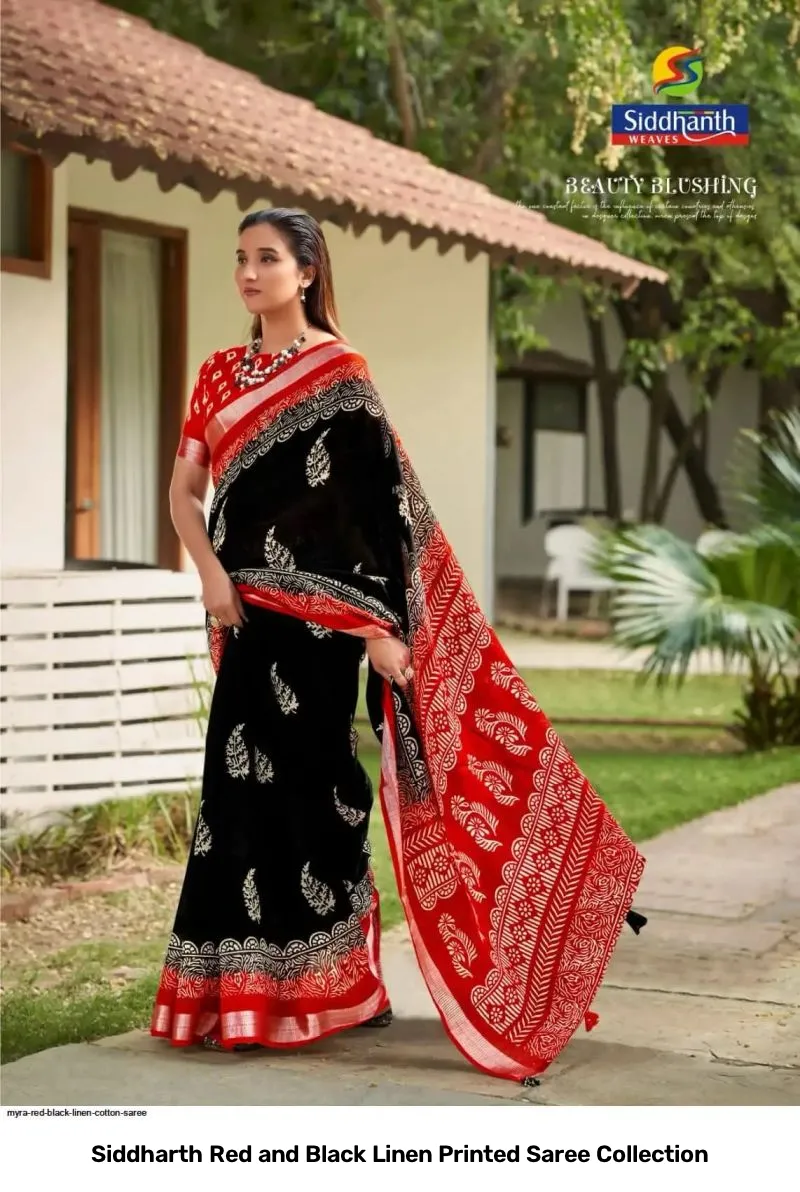 Siddharth Red and Black Linen Printed Saree Collection - Image 2