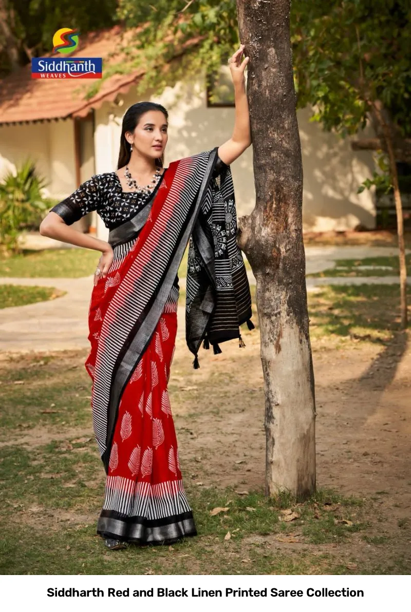 Siddharth Red and Black Linen Printed Saree Collection - Image 3