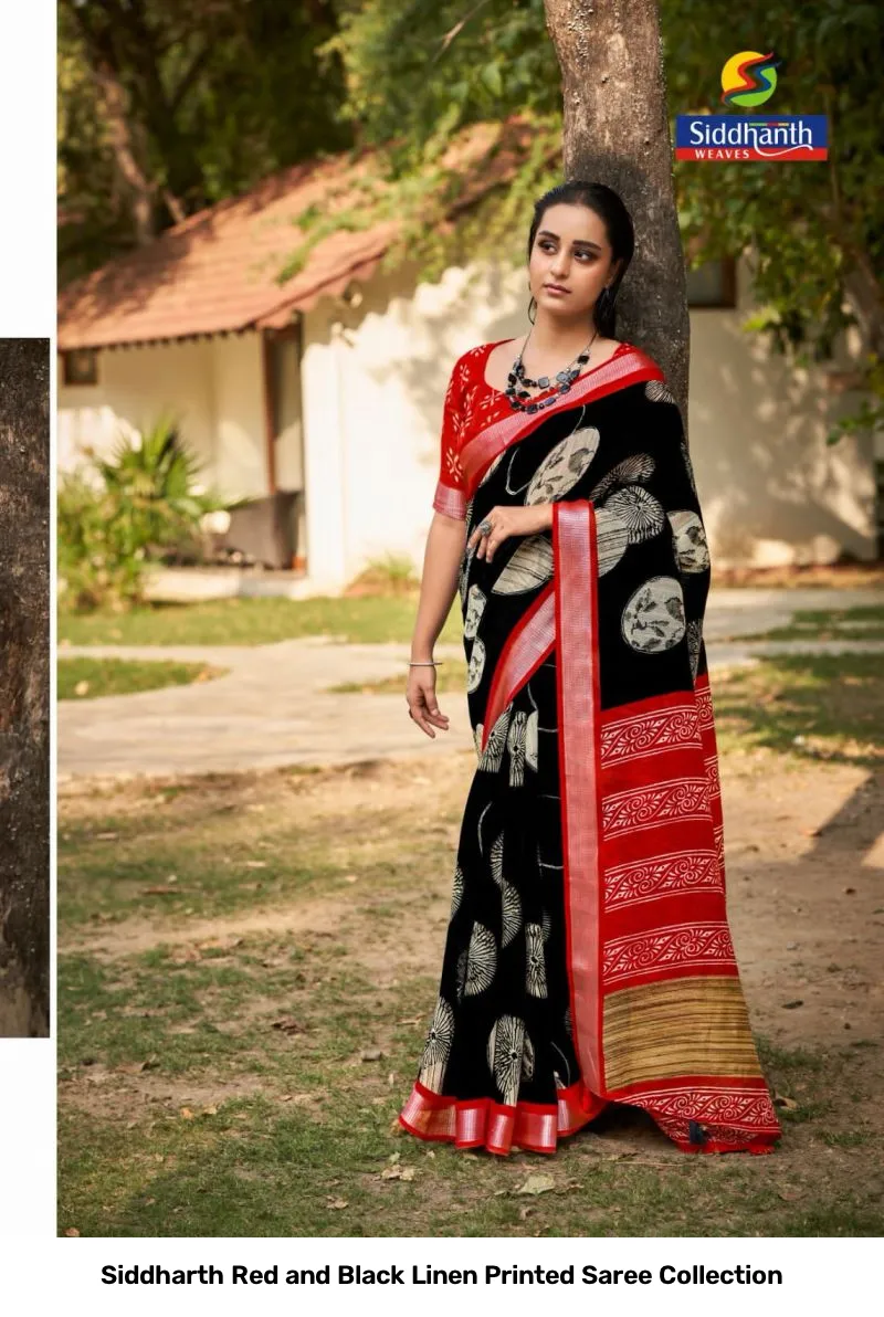 Siddharth Red and Black Linen Printed Saree Collection - Image 4