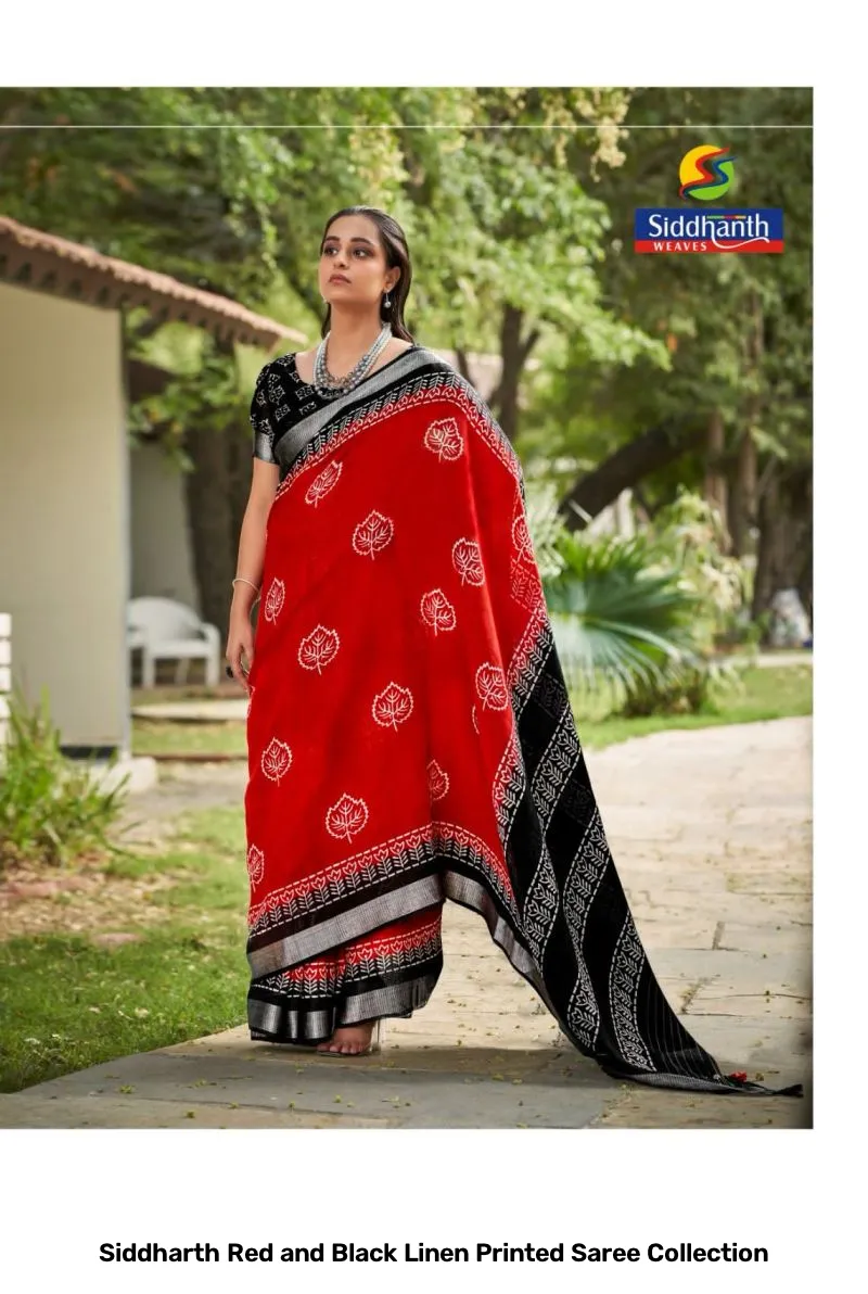 Siddharth Red and Black Linen Printed Saree Collection - Image 5