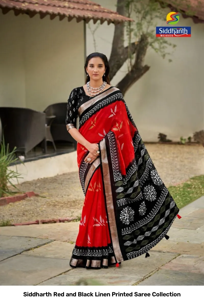 Siddharth Red and Black Linen Printed Saree Collection - Image 6