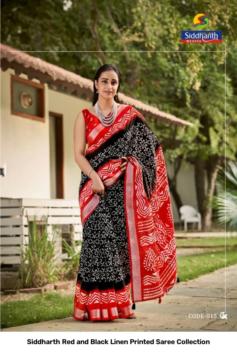Siddharth Red and Black Linen Printed Saree Collection - Image 7
