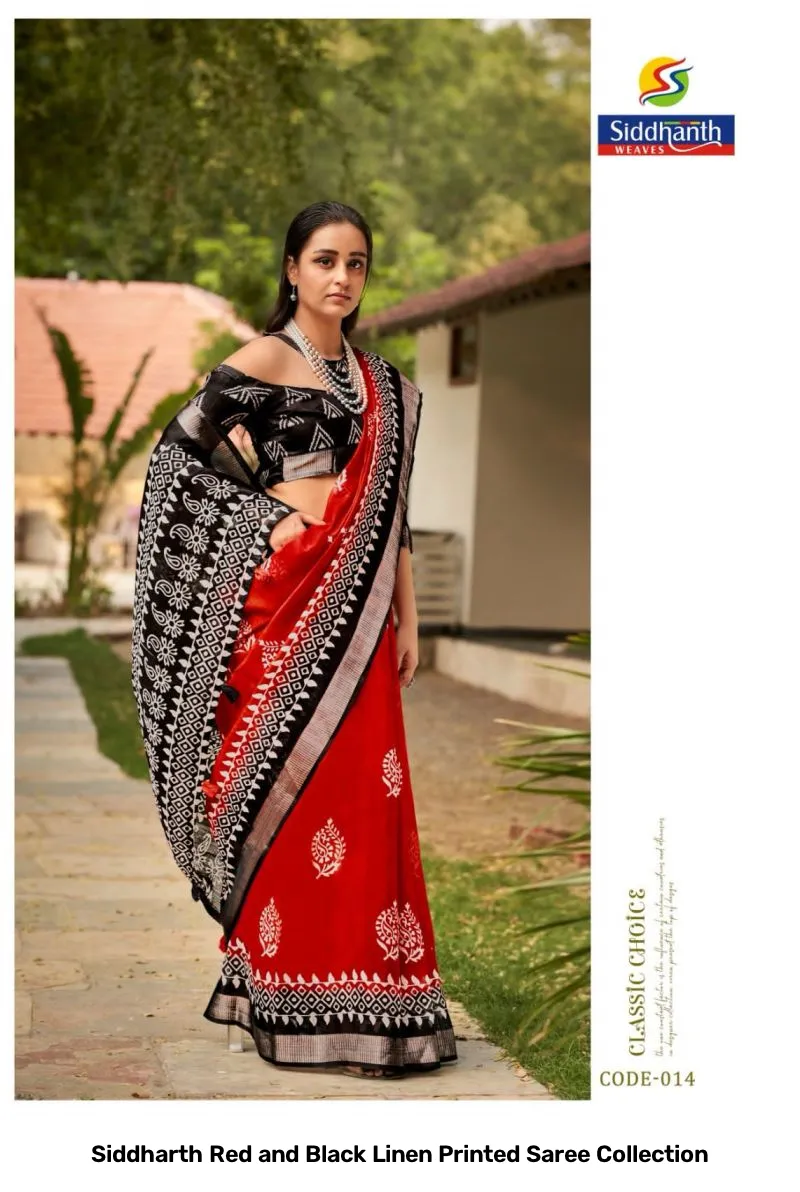 Siddharth Red and Black Linen Printed Saree Collection - Image 8