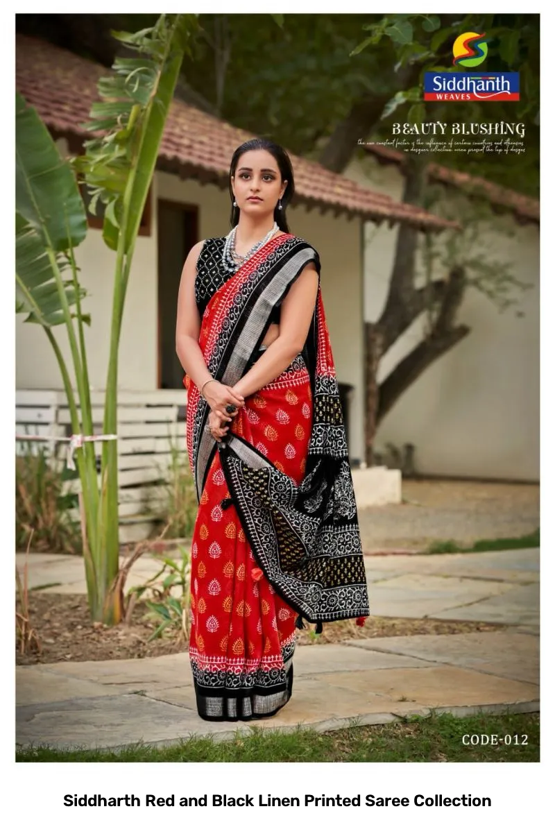 Siddharth Red and Black Linen Printed Saree Collection - Image 9