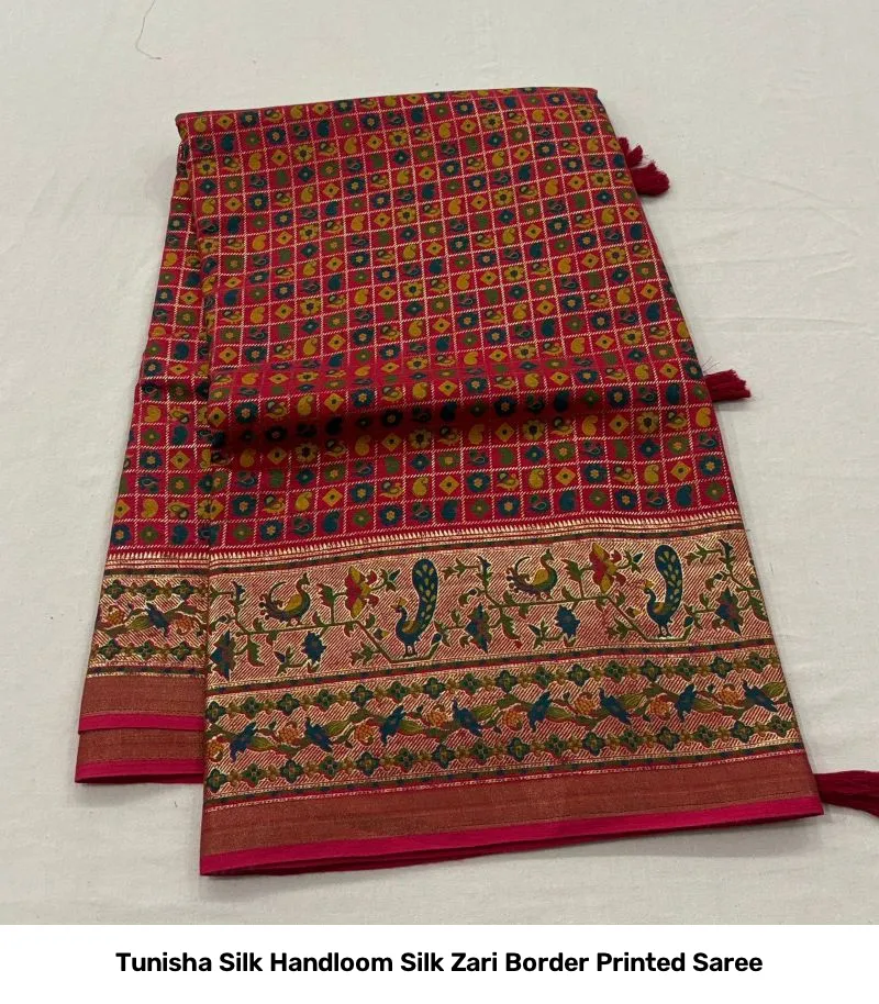 Tunisha Silk Handloom Silk Zari Border Printed Saree - Image 10